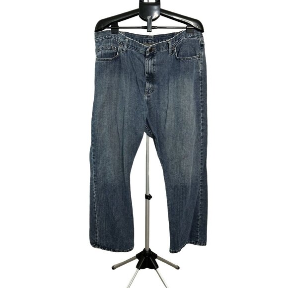 Wrangler Mens Relax Straight Jeans 42x30 Dark Wash Blue Denim Wide Leg Distress - Picture 4 of 10